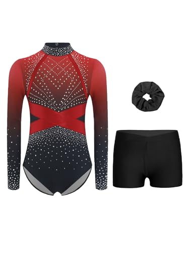 Mufeng Mädchen Turnanzug Langarm Gymnastikanzug Glitzer Strass Ballettanzug mit Shorts Haarband Leotards Eislaufen Wettbewerb Tanzkostüm Rot 134-140 von Mufeng