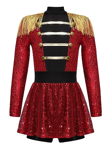 Mufeng Mädchen Zirkus Kostüm Halloween Zirkusdirektorin Kleid mit Quaste Langarm Pailletten Kleid Cosplay Party Verkleidung Rot 170-176 von Mufeng