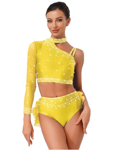 Mufeng Zweiteiliges Lateinisches Damenballkleid EIN Schulter Crop Top Tanzshirt + Asymmetrischer Rock Bauchtanzkostüm Kleid Für Samba Rumba Salsa Gelb M von Mufeng
