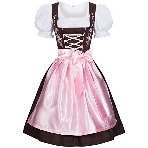 Damen Dirndl Kleid Dirndlkleid Trachtenkleid Midi Braun Pink 46 von Mufimex