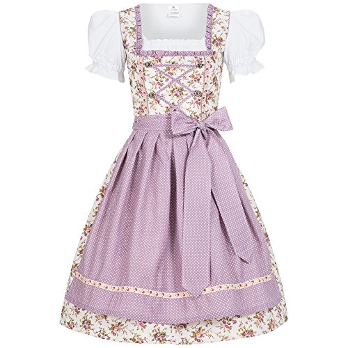 Mufimex Damen Dirndl Kleid Dirndlkleid Trachtenkleid Midi Blümchenstoff Jojo lila 34 von Mufimex