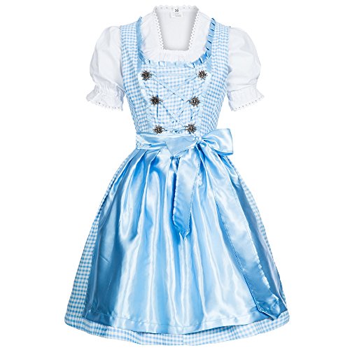 Mufimex Damen Dirndl Kleid Dirndlkleid Trachtenkleid Midi Kariert Hellblau 38 von Mufimex