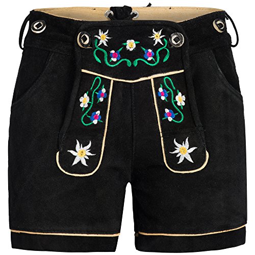 Mufimex Damen Trachten Lederhose Trachtenlederhose Trachtenhose Shorts Bunte Blümchen schwarz 36 von Mufimex