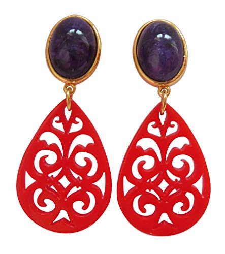 Auffällig: Sehr große leichte Ohrstecker Ohrringe vergoldet Stein lila schillernd Anhänger rot elegant Geschenk Hingucker Statement Designer JUSTWIN von Mugello