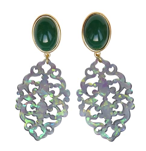 Auffällig: Sehr große leichte Ohrstecker Ohrringe vergoldet Stein turmalin-grün Anhänger oval schillernd Fest Party Geschenk Statement Designer JUSTWIN von Mugello