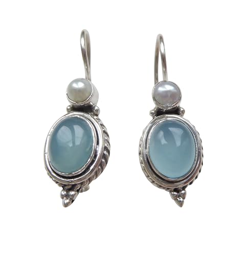 Chalzedon-Ohrringe leuchtend blau echte Süßwasser-Perle Hänger verschließbar Silber Handarbeit Unikat Italien Geschenk für Frauen Retro Vintage von Mugello