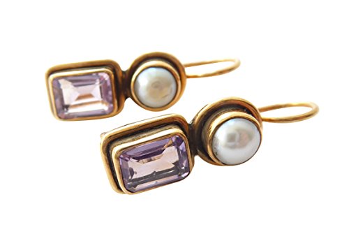 Eckige Amethist-Ohrringe Amethyst lila echte Süßwasser-Perle Hänger Haken verschließbar Silber vergoldet Retro Unikat Handarbeit Italien Vintage von Mugello