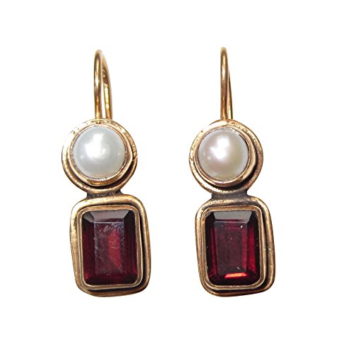 Eckige Granat-Ohrringe rot echte Süßwasser-Perle Hänger Haken verschließbar Silber vergoldet Retro Vintage Unikat Handarbeit Italien leicht Geschenk von Mugello