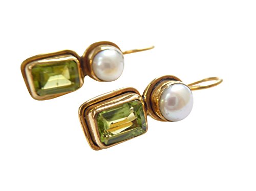 Eckige Peridot-Ohrringe grün echte Süßwasser-Perle Hänger Haken verschließbar Silber vergoldet Retro Vintage Unikat Handarbeit Italien leicht Geschenk von Mugello
