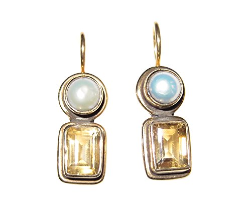 Elegant Citrin-Ohrringe gelb-beige echte Süßwasser-Perle Hänger Haken verschließbar Silber vergoldet Retro Vintage Unikat Handarbeit aus Italien von Mugello