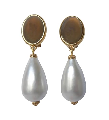 Elegant: Sehr große leichte Ohr-Clips vergoldet Stein grau Anhänger Perle weiß elegant chic Statement Geschenk Braut Glamour Designer JUSTWIN von Mugello