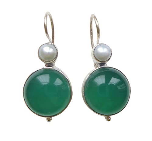 Elegante Achat-Ohrringe grün türkis groß Hänger Haken verschließbar Silber kleine Süßwasser-Perle Retro Vintage Geschenk chic Unikat Handarbeit Italien von Mugello