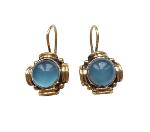 Elegante Chalzedon-Ohrringe blau ausgefallene Fassung Hänger verschließbar Silber vergoldet Handarbeit Unikat Italien elegant Retro Vintage von Mugello