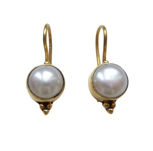 Elegante weiße Ohrringe echte Süßwasser-Perle Hänger verschließbar Silber vergoldet Handarbeit Unikat Italien Retro Vintage klassisch Basic-Ohrringe von Mugello