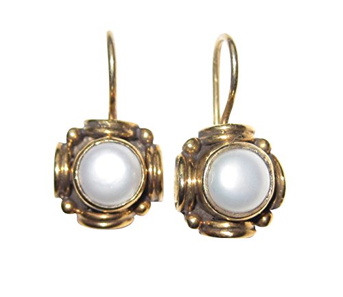 Elegante weiße Ohrringe echte Süßwasser-Perle ausgefallene Fassung Hänger verschließbar Silber vergoldet Handarbeit Unikat Italien Retro Vintage klassisch von Mugello