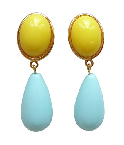 Eleganz pur: Leichte sehr große Ohr-Clips vergoldet Stein gelb Anhänger türkis hell Designer JUSTWIN Statement auffällig sommerlich farbenfroh von Mugello