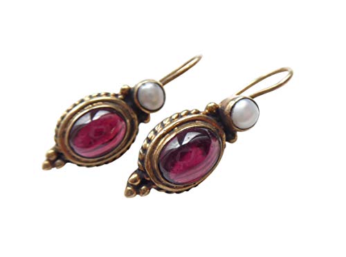 Granat-Ohrringe rot echte Süßwasser-Perle Hänger Haken verschließbar Silber vergoldet Handarbeit Unikat Italien Geschenk Frauen Retro elegant von Mugello