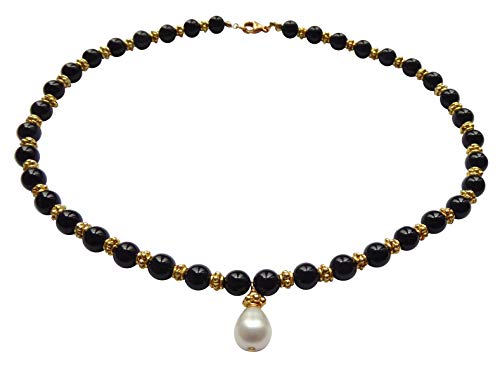 Kette Collier Onyx-Steine schwarz Süßwasser-Perle weiß Perlen-Kette Silber vergoldet Handarbeit Unikat Italien Antik-Look Vintage Retro Geschenk hochwertig von Mugello