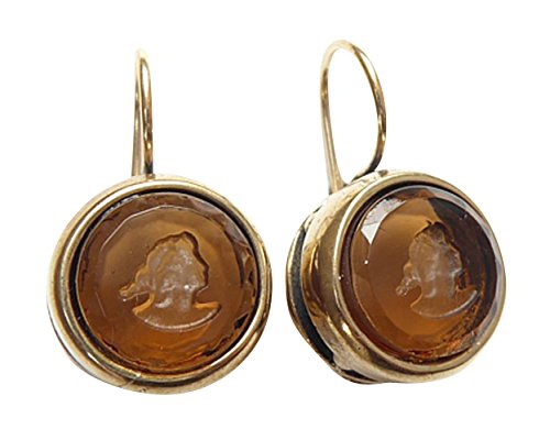 Klassische leichte Gemmen-Ohrringe Ohrhänger cognac-braune Glas-Gemme rund Haken verschließbar Handarbeit Designer EXTASIA von Mugello