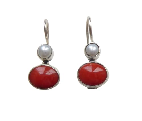 Kleine Korallen-Ohrringe orange-rot echte Süßwasser-Perle Hänger verschließbar Silber leicht Handarbeit Unikat Italien Retro Geschenk klassisch von Mugello