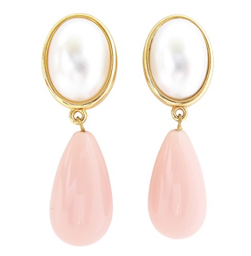 Leichte sehr große Ohr-Clips vergoldet Stein perlmutt-weiß Anhänger rosa tropfen-förmig Designer JUSTWIN klassisch elegant Braut charmant edel von Mugello
