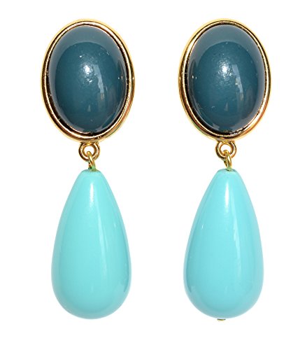 Leichte sehr große Ohr-Clips vergoldet Stein petrol-blau Anhänger türkis tropfen-förmig Designer JUSTWIN Statement Geschenk für Frauen Damen von Mugello