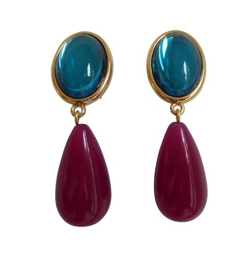 Leichte sehr große Ohr-Clips vergoldet Stein smaragd-grün petrol Anhänger granat-rot tropfen-förmig Designer Ball Feier elegant JUSTWIN Fest Party von Mugello