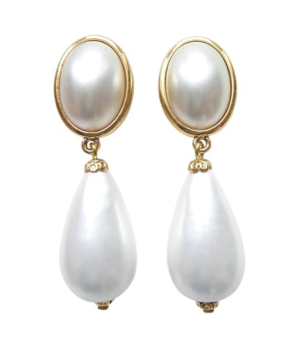 Leichte sehr große Ohr-Clips vergoldet perlmutt-weiß Anhänger tropfen-förmig Designer JUSTWIN klassisch elegant chic Geschenk Hochzeit Braut von Mugello