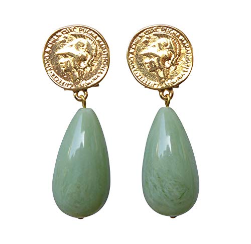 Leichte sehr große Ohrstecker Ohrringe vergoldet Münze Anhänger jade-grün Tropfen Geschenk elegant festlich Statement Fashion Designer JUSTWIN von Mugello