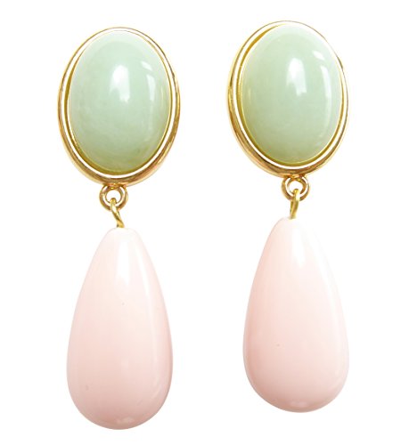 Leichte sehr große Ohrstecker Ohrringe vergoldet Stein jade-grün Anhänger rosa tropfen-förmig Designer JUSTWIN schick Geburtstag Fest Party bunt von Mugello