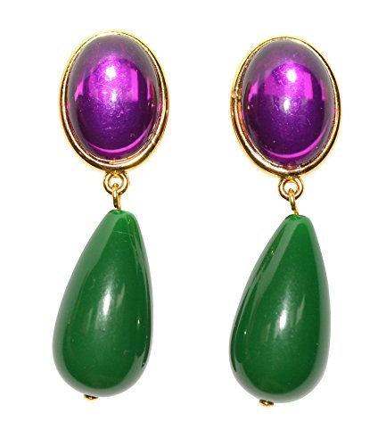 Leichte sehr große Ohrstecker Ohrringe vergoldet Stein lila Anhänger dunkel-grün tropfen-förmig Designer JUSTWIN bunt knallig Hingucker von Mugello