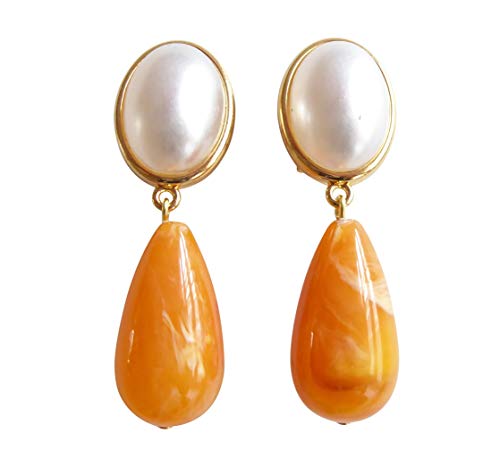 Leichte sehr große Ohrstecker Ohrringe vergoldet Stein perlmutt-weiß Anhänger bernstein-farben marmoriert orange tropfen-förmig JUSTWIN von Mugello