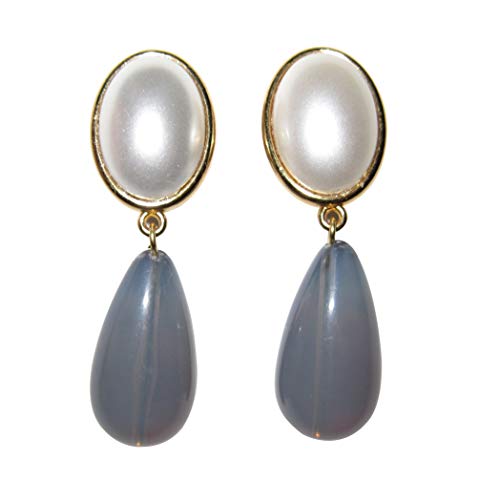 Leichte sehr große Ohrstecker Ohrringe vergoldet Stein perlmutt-weiß Anhänger blau-grau tropfen-förmig Designer JUSTWIN klassisch elegant chic von Mugello