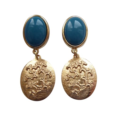 Leichte sehr große Ohrstecker Ohrringe vergoldet Stein petrol-blau Anhänger vergoldet mit Drachenmotiv Designer JUSTWIN Statement Fashion von Mugello