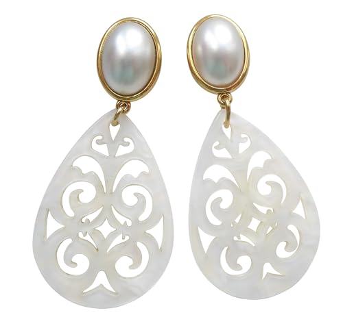 Leichte sehr große Ohrstecker Ohrringe vergoldet Stein weiß Anhänger perlmutt riesig Hingucker Eyecatcher Statement Party Fest Designer JUSTWIN Leichte sehr große Ohrstecker Ohrringe vergoldet Stein weiß Anhänger perlmutt riesig Hingucker Eyecatcher Statement Party Fest Designer JUSTWIN von Mugello