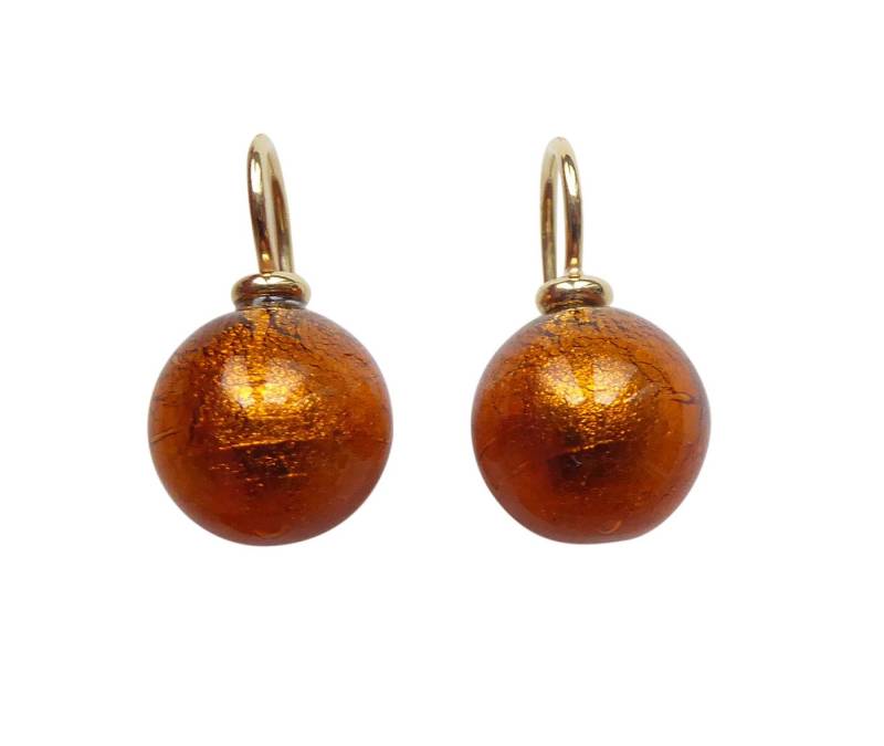 Mugello Paar Ohrhänger Murano bernstein gold platt. klassisch schick hochwertig Unikat, Handgearbeitetes Muranoglas mit eingearbeitetem Blattgold aus Italien von Mugello