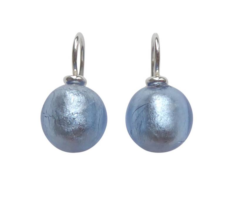 Mugello Paar Ohrhänger Murano hellblau Sterlingsilber casual Mädchen Alltag schlicht, Handgearbeitetes Muranoglas mit eingearbeitetem Blattgold aus Italien von Mugello