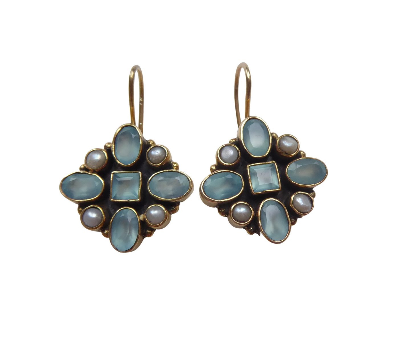 Mugello Paar Ohrhänger Tesoro Chalzedon Süßwasserperlen klassisch Vintage elegant, Handarbeit aus kleiner florentinischen Manufaktur, Vintageschmuck von Mugello