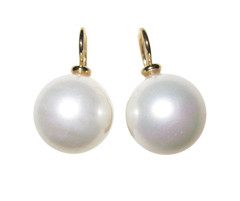 Mugello Perlenohrringe Diana groß weiß gold-platt. Muschelkern klassisch Basic edel, Perlenschmuck für Frauen, Bügel Sterlingsilber mit 585er Vergoldung von Mugello