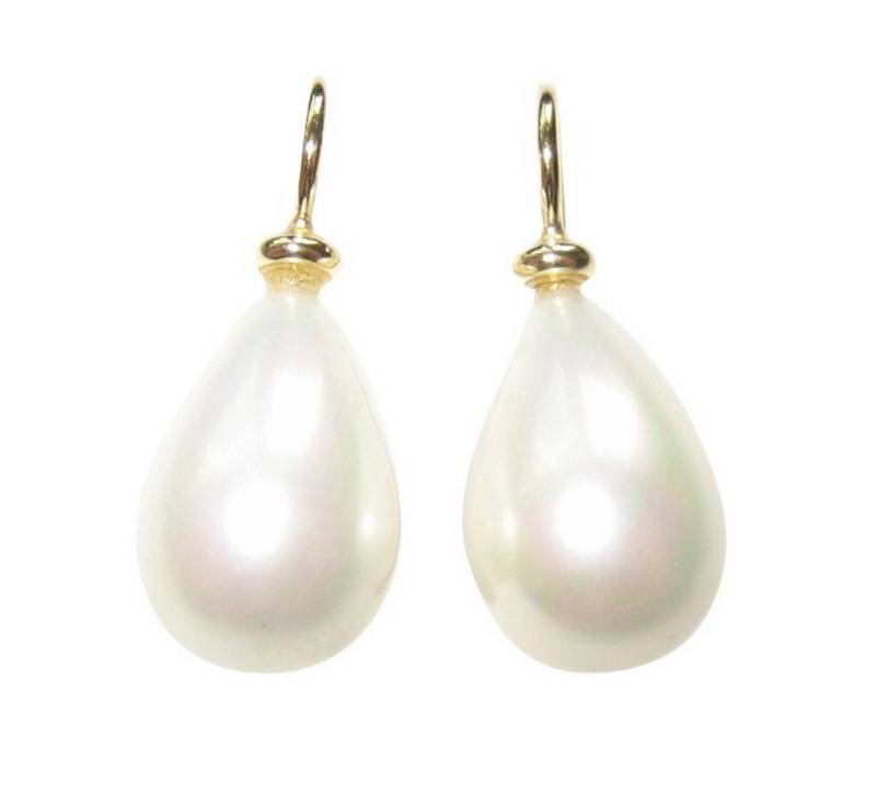 Mugello Perlenohrringe Goccia weiß gold-platt. Muschelkern klassisch stilvoll Geschenk, Perlenschmuck für Frauen, Bügel Sterlingsilber mit 585er Vergoldung von Mugello