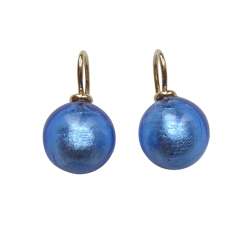 Ohr-Hänger Ohrringe Murano-Glas Perle blau 12 mm Durchmesser Sterling-Silber gold-plattiert 585 Goldschmiede-Arbeit Handarbeit Unikat von Mugello