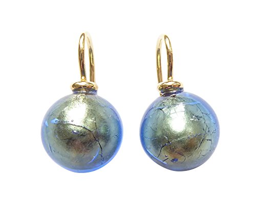Ohr-Hänger Ohrringe Murano-Glas Perle blau 12 mm Durchmesser rund Sterling-Silber gold-plattiert 585 Goldschmiede-Arbeit Handarbeit Unikat Alltag von Mugello