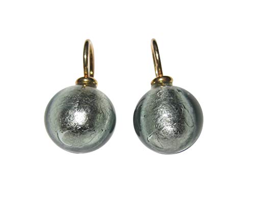 Ohr-Hänger Ohrringe Murano-Glas Perle grau-grün 12 mm Durchmesser Sterling-Silber gold-plattiert 585 Goldschmiede-Arbeit Handarbeit Unikat elegant von Mugello