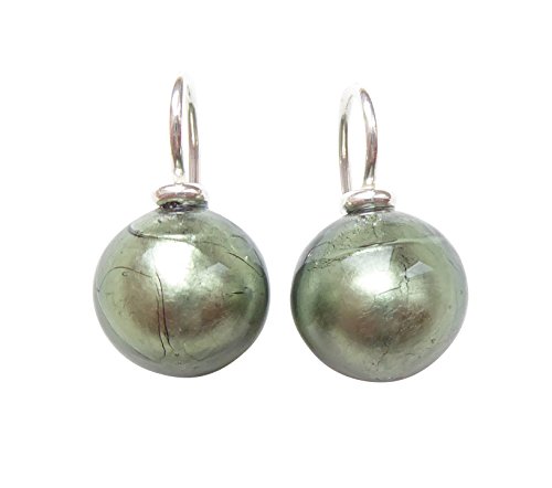 Ohr-Hänger Ohrringe Murano-Glas Perle grau-grün 12 mm Durchmesser rund Sterling-Silber 925-er Goldschmiede-Arbeit Handarbeit Unikat elegant Fest von Mugello
