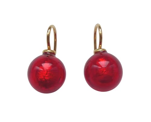 Ohr-Hänger Ohrringe Murano-Glas Perle rot 12 mm Durchmesser rund Sterling-Silber gold-plattiert 585 Goldschmiede-Arbeit Handarbeit Unikat Mode Geschenk von Mugello