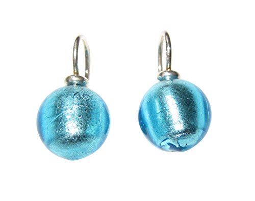 Ohr-Hänger Ohrringe Murano-Glas Perle türkis 12 mm Durchmesser rund Sterling-Silber 925-er Goldschmiede-Arbeit Handarbeit Unikat modern trendig von Mugello