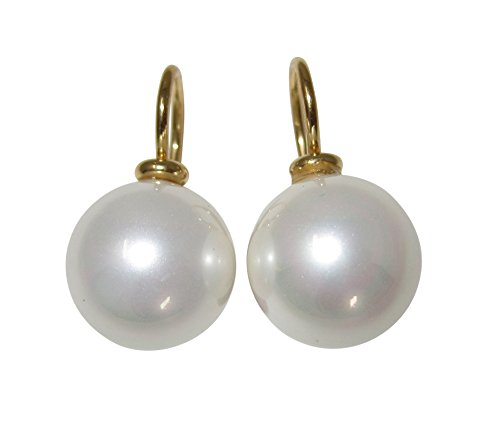 Ohr-Hänger Perlen-Ohrringe Muschelkern-Perle weiß 12 mm rund Sterling-Silber gold-plattiert 585 klassisch Goldschmiede-Arbeit Handarbeit Geschenk von Mugello