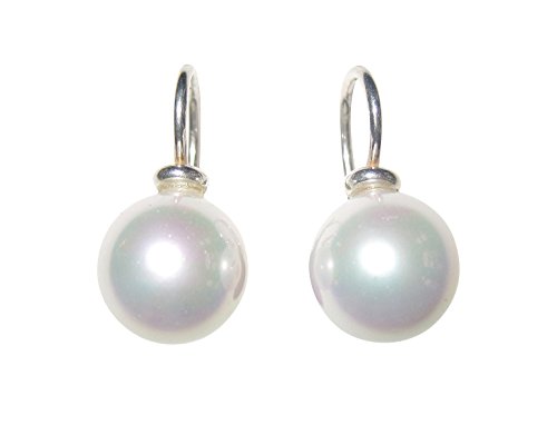 Ohr-Hänger Perlen-Ohrringe klein Muschelkern-Perle weiß 10 mm rund Sterling-Silber 925-er klassisch Goldschmiede-Arbeit Handarbeit Mädchen Geschenk von Mugello
