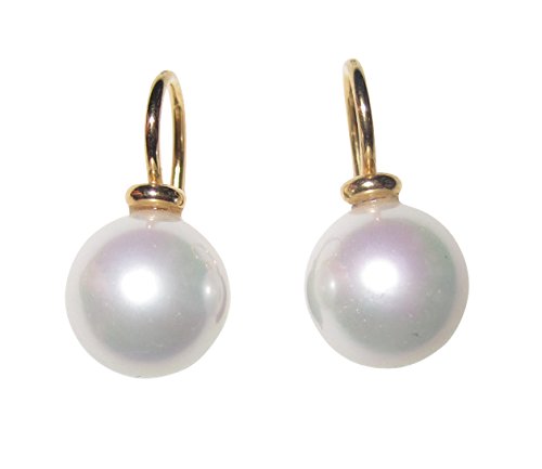 Ohr-Hänger Perlen-Ohrringe klein Muschelkern-Perle weiß 10 mm rund Sterling-Silber gold-plattiert 585 klassisch Goldschmiede-Arbeit Handarbeit klassisch von Mugello