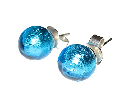 Ohr-Stecker Murano-Glas Perle türkis 9 mm Durchmesser rund klein aus Sterling-Silber 925-er Goldschmiede-Arbeit Handarbeit Unikat von Mugello